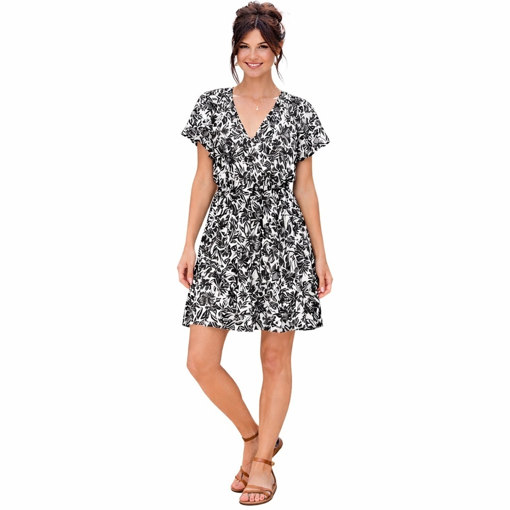 H&M Size Small Black and Ivory Floral Belted Dress